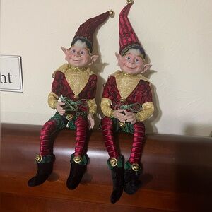 *Set of 2* Robert Stanley Style - Posable Jester Elf - Gold Burgundy - Green